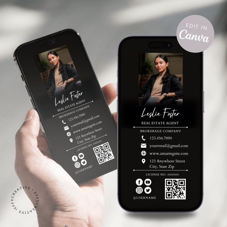 May include: Black and white real estate business card with a photo of a woman, contact information, and a QR code. The text on the card reads "Leslie Foster, Real Estate Agent, Brokerage Company, 123.456.7890, youremail@gmail.com, www.amazingsite.com, 123 Anywhere Street, City, State Zip, License No. 0000000, @username".