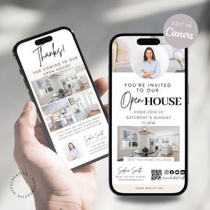 Ensemble d'invitations numériques pour portes ouvertes Modèle de marketing immobilier Carte de remerciements pour portes ouvertes pour agent immobilier Canva modifiable à téléchargement immédiat