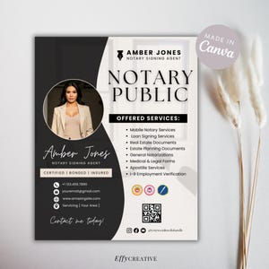 May include: A black and white business card for a notary public named Amber Jones. The card features a headshot of Amber Jones, her name, title, and contact information. The card also lists the services offered, including mobile notary services, loan signing services, real estate documents, estate planning documents, general notarizations, medical and legal forms, apostille services, and I-9 employment verification.