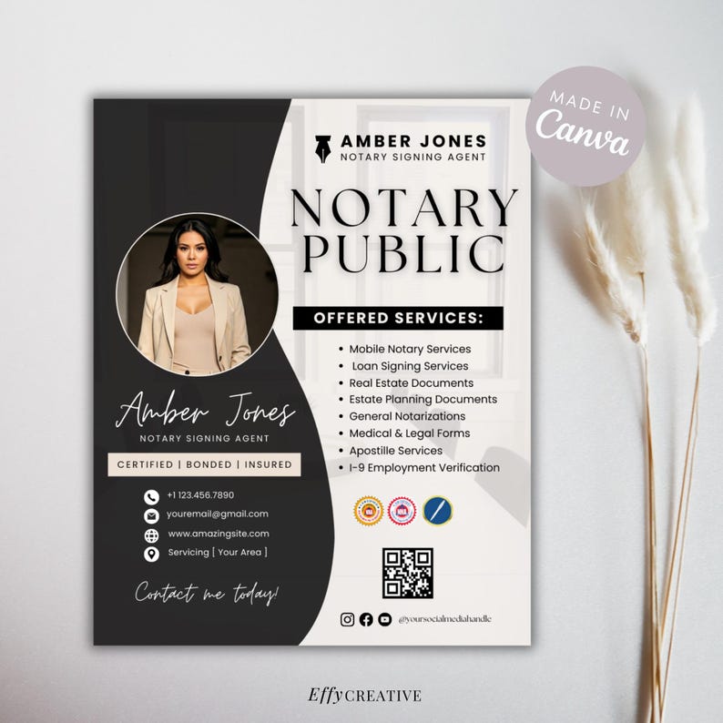 May include: A black and white business card for a notary public named Amber Jones. The card features a headshot of Amber Jones, her name, title, and contact information. The card also lists the services offered, including mobile notary services, loan signing services, real estate documents, estate planning documents, general notarizations, medical and legal forms, apostille services, and I-9 employment verification.