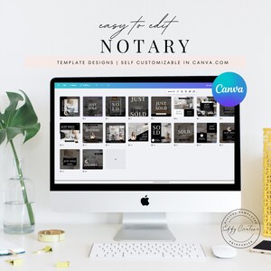 Pu&ograve; includere: Uno schermo di computer che mostra un modello di design Canva per un'attivit&agrave; di notaio. Il modello presenta un design in bianco e nero con il testo "JUST SOLD" ripetuto in tutto. Lo schermo &egrave; su una scrivania bianca con una tastiera e un oggetto decorativo giallo e bianco.