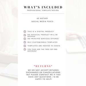 May include: A digital product listing for 60 social media posts for a notary business. The listing includes a checklist of what is included in the purchase, such as self-customizable templates and Canva hosting. The listing also includes a section on returns, stating that returns, exchanges, and cancellations are not accepted.