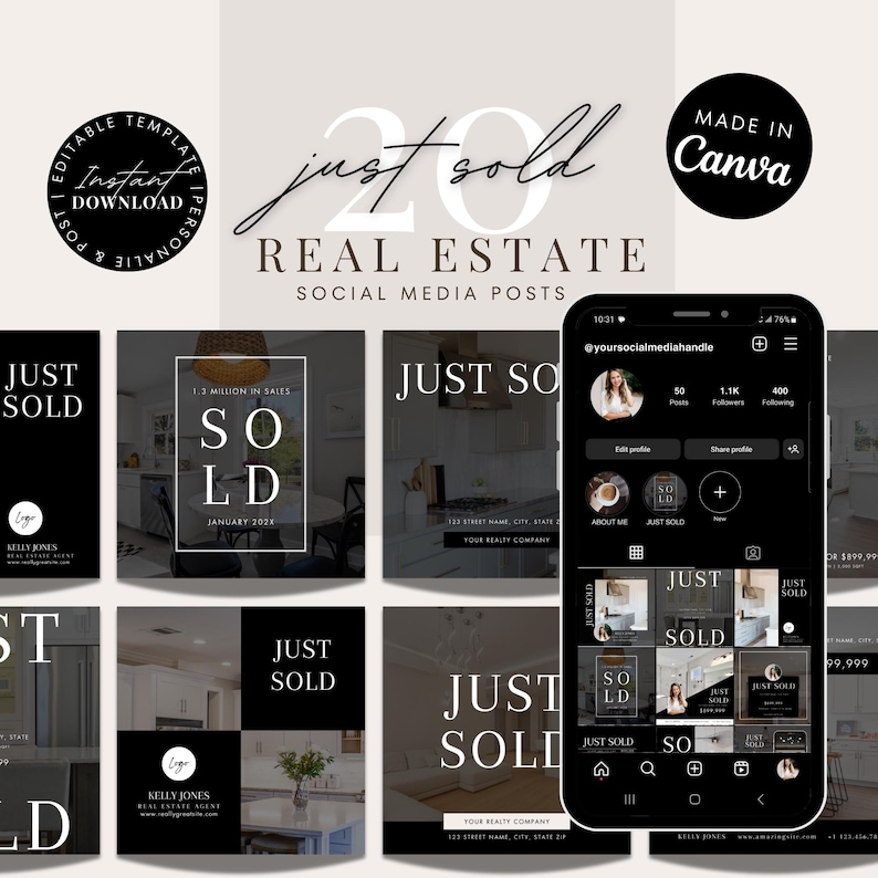 Pu&ograve; includere: Un set di 20 modelli di post sui social media per agenti immobiliari. I modelli presentano uno schema di colori bianco e nero con il testo "Venduto" e una variet&agrave; di immagini di case. I modelli sono progettati per essere utilizzati su Instagram e altre piattaforme di social media.