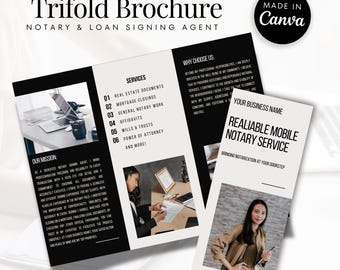 Editable Trifold Brochure Template for Notaries, Loan Signing Agents & Small Business | Canva Brochure | Printable Marketing Flyer Design