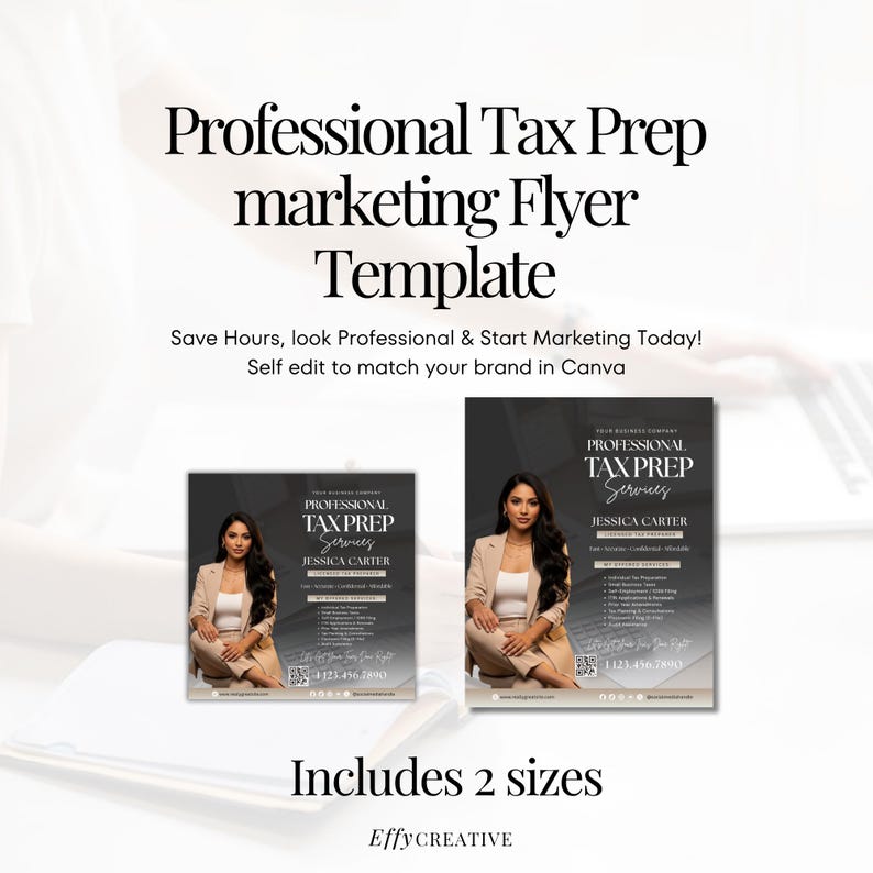 May include: A marketing flyer template for professional tax preparation services. The design includes two sizes, with the text "Professional Tax Prep marketing Flyer Template" and "Includes 2 sizes". The flyer features a woman in a beige suit.