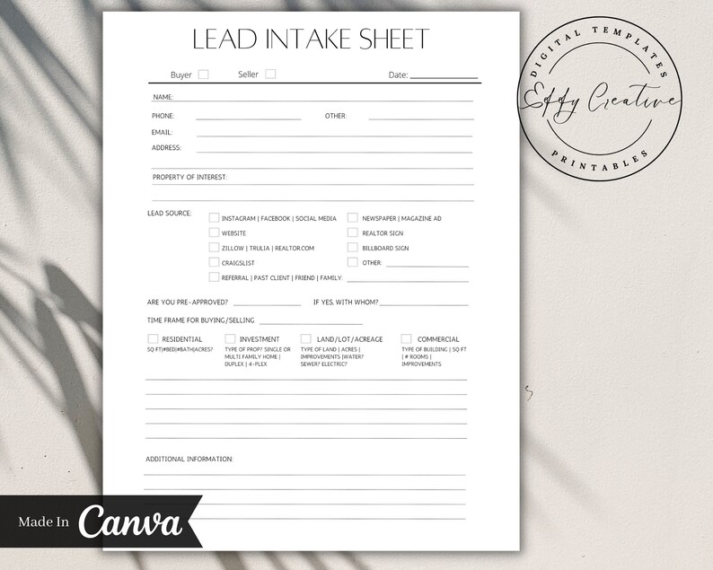 Real Estate Lead Tracker Lead Intake Sheet Printable Lead Etsy
