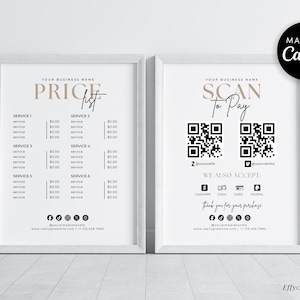 Peut inclure: Deux panneaux encadrés en blanc avec du texte noir. Le panneau de gauche affiche une liste de prix avec des catégories de services. Le panneau de droite présente deux codes QR pour le paiement, des icônes de paiement et des coordonnées.