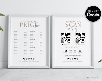 Pacote com Lista de Preços e Placa de Pagamento por QR Code | Modelo Editável do Canva | Placa de Pagamento por QR Code | Placa de Formas de Pagamento Aceitas | 2 Tamanhos | Download Imediato