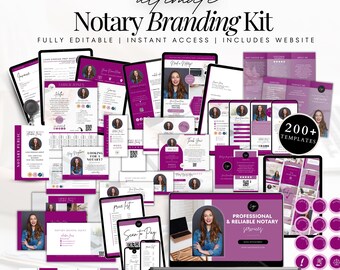 May include: A digital marketing kit for notary public businesses. The kit includes over 200 templates, a website, and branding elements in a pink and purple color scheme. The text "ultimate Notary Branding Kit" is displayed at the top of the image.
