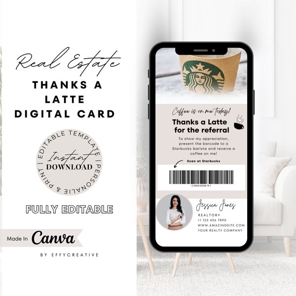 Thanks a Latte Digital Card, Real Estate Gift Card Text, Digital Coffee Gift Card, Realtor Text Message to Clients, Client Appreciation