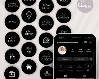 May include: Black and white graphic icons for social media, including icons for "Market Updates", "Just Listed", "For Rent", "Client Love", "Coming Soon", "New Listings", "Buyer", "Local Finds", "About Me", "Weekly Events", "Open House", and "New". The icons are displayed on a white background. The text "Edit in Canva" is also visible in the image.