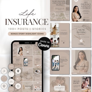 May include: A digital marketing template for life insurance, featuring a phone mockup with social media posts, highlight icons, and the text "Life Insurance". The design includes images and text like "Meet Your Agent" and "Ask Me Anything".