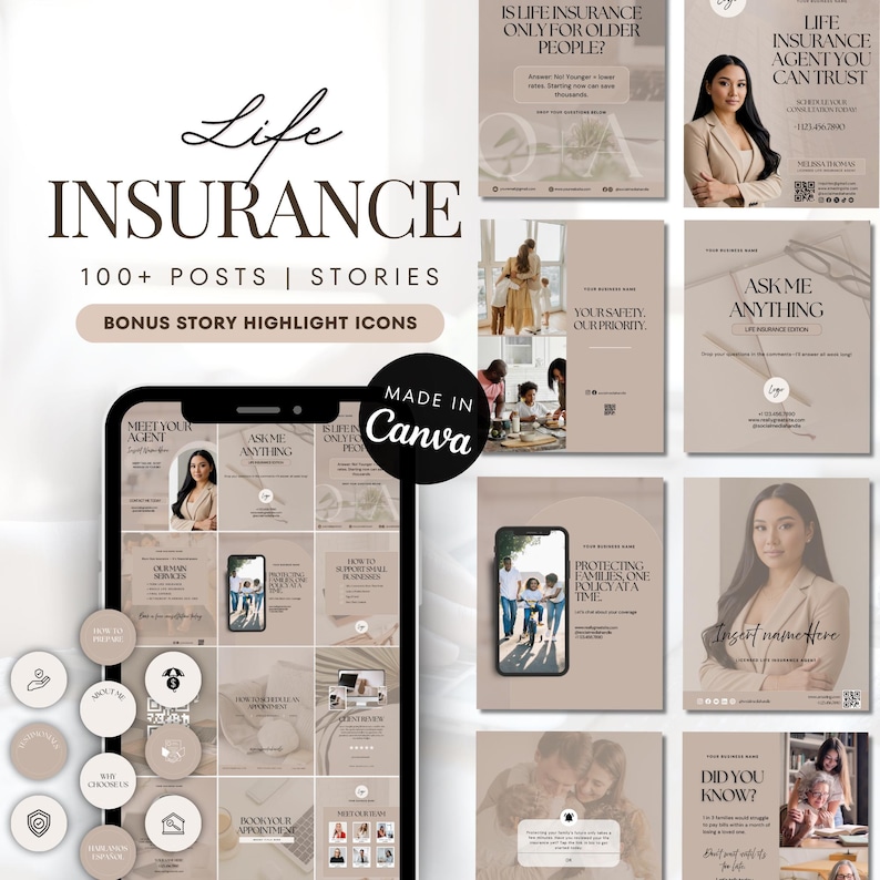 May include: A digital marketing template for life insurance, featuring a phone mockup with social media posts, highlight icons, and the text "Life Insurance". The design includes images and text like "Meet Your Agent" and "Ask Me Anything".