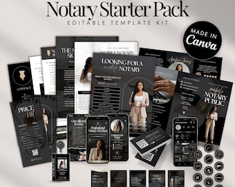 May include: A Notary Starter Pack editable template kit featuring black and white marketing materials, including flyers, business cards, social media graphics, and circular icons, all displaying professional text and imagery for notary services.