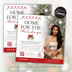 Puede incluir: Dos folletos con el texto "HOME FOR THE Holidays" en escritura roja. Los folletos presentan a una mujer con un traje color beige y un fondo de árbol de Navidad. Los folletos son para un agente inmobiliario local.