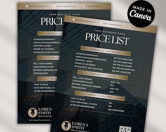 Mobile Notary Price List | Loan Signing Agent Pricing Sheet | Editable Canva Template | Instant Download | 3 Sizes | Notary Marketing