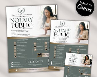 May include: A marketing flyer template for a Notary Public service featuring a professional in a beige blazer. The text includes Notary Public, Fast Reliable Convenient, and lists services like Real Estate Documents, Wills, and Affidavits.