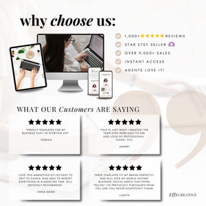 May include: A promotional graphic with the text "why choose us:" and customer testimonials. The image includes a computer monitor, tablet, and smartphones. Text highlights 1,000+ reviews, Etsy star seller status, and over 9,000 sales.