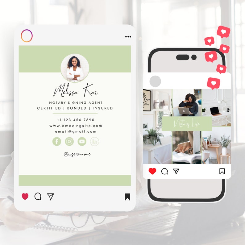 May include: A green and white Instagram post with a photo of a woman and her contact information. The text reads "Melissa Kar, Notary Signing Agent, Certified | Bonded | Insured, +1 123 456 7890, www.amazingsite.com, email@gmail.com, @username".