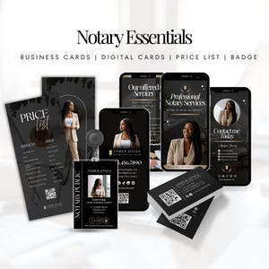 May include: A collection of notary public essentials, including business cards, digital cards, a price list, and a badge. The design features a professional aesthetic with a dark color scheme and the text "Notary Essentials". The image includes smartphones and business cards.