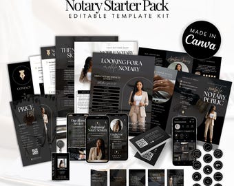 May include: A notary starter pack with editable templates. The pack includes business cards, flyers, and social media templates. The design is black and white with gold accents. The text includes "Notary Starter Pack" and "Made in Canva".