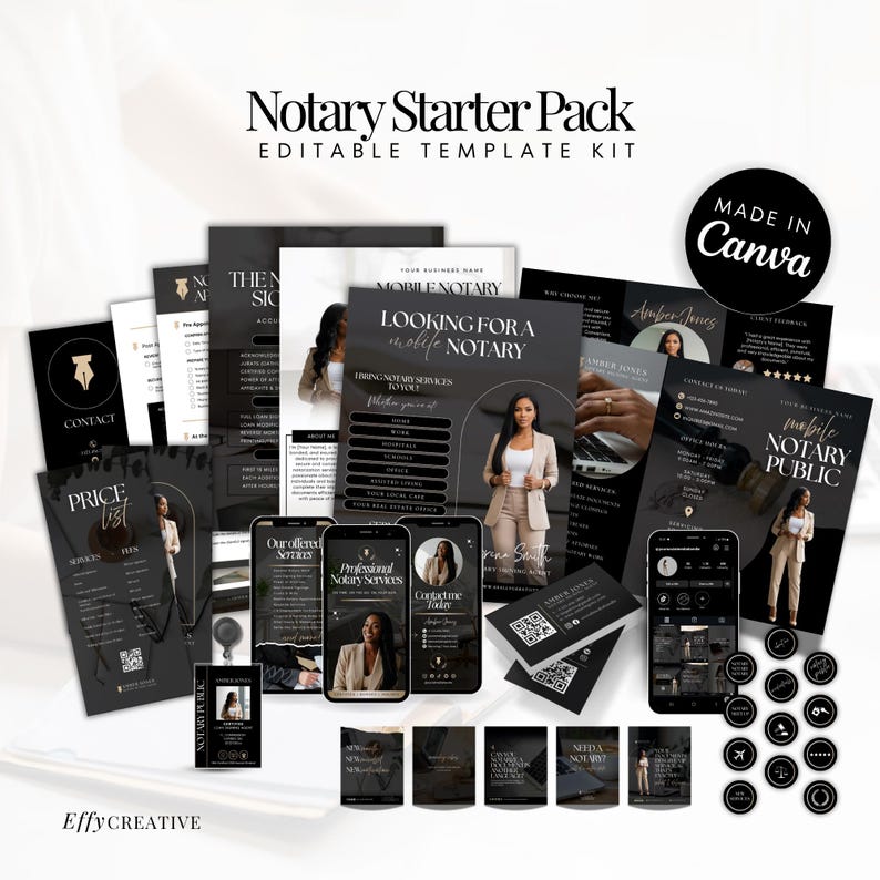 May include: A notary starter pack with editable templates. The pack includes business cards, flyers, and social media templates. The design is black and white with gold accents. The text includes "Notary Starter Pack" and "Made in Canva".
