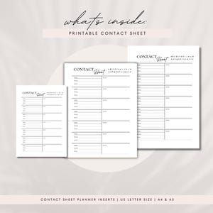 Printable Contact Sheet PDF 3 Sizes US Letter, A4, A5 Contact List ...