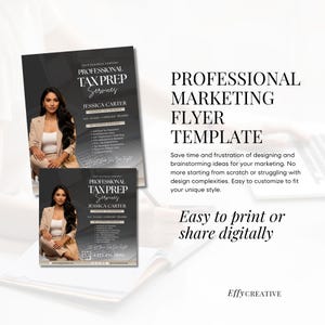 May include: A professional marketing flyer template with the text "Professional Tax Prep Services" and the name "Jessica Carter." The flyer features a woman in a tan blazer. Text on the flyer includes a phone number and the phrase "Easy to print or share digitally."