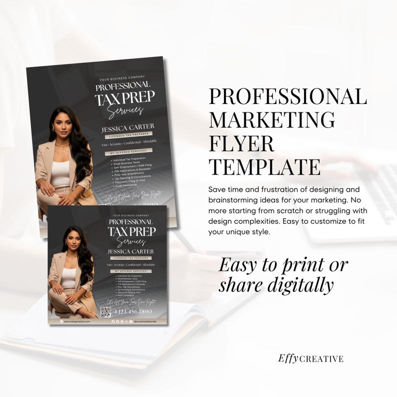 May include: A professional marketing flyer template with the text "Professional Tax Prep Services" and the name "Jessica Carter." The flyer features a woman in a tan blazer. Text on the flyer includes a phone number and the phrase "Easy to print or share digitally."