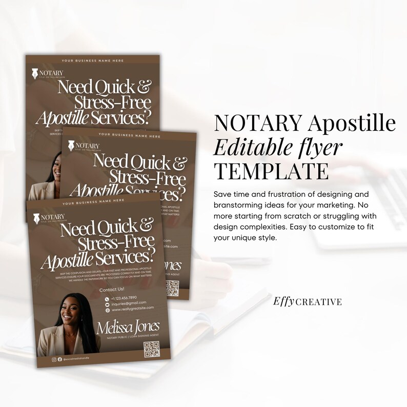 May include: A brown and white flyer template for a notary apostille service. The flyer features a woman's headshot, the text "Need Quick & Stress-Free Apostille Services?" and the text "NOTARY Apostille Editable Flyer TEMPLATE".
