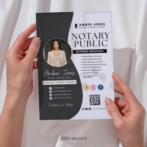 May include: A black and white business card with a photo of a woman in a blazer. The card reads "Amber Jones, Notary Signing Agent, Certified | Bonded | Insured". It also lists services offered, contact information, and a QR code.