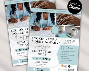 May include: A promotional flyer for mobile notary services featuring light blue accents. Text includes LOOKING FOR A MOBILE NOTARY? I come to you! CONTACT ME TODAY! +1 123.456.7890 JACKY SMITH Notary Public, My Services, and a QR code.