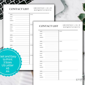 Printable Contact List Planner Insert PDF Print at Home | Etsy