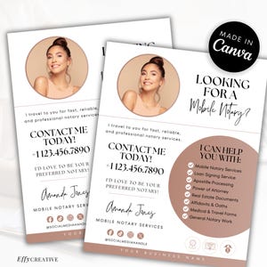 May include: A white and tan mobile notary flyer template featuring a circular photo of a person, the text "LOOKING FOR A Mobile Notary?", contact information, a list of services including loan signing and apostille processing, and social media icons.