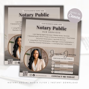 May include: A social media flyer for a notary public. The flyer features a photo of a woman in a brown suit, the text "Notary Public", and the words "Contact Me Today!" in a brown and white color scheme.