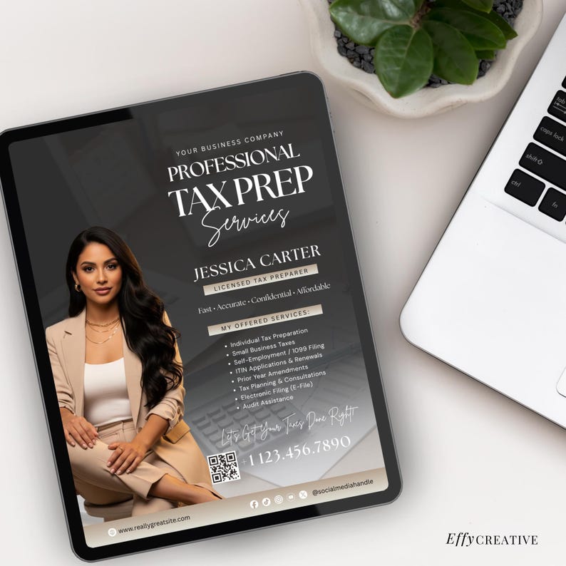 May include: A digital tablet displays a professional tax prep services advertisement. The ad features a woman in a blazer, the name Jessica Carter, and a list of services including tax preparation and ITIN applications. A laptop and plant are in the background.