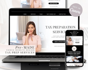 May include: A pre-made Canva website design template for tax preparation services displayed on a laptop and smartphone screen. The layout features a professional woman in a pink top, black navigation bars, and text reading Tax Preparation Services.