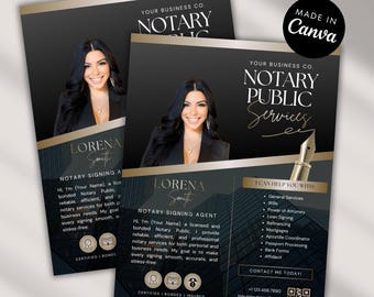 May include: A black and gold marketing flyer for a notary public service featuring a portrait of a professional, the text "NOTARY PUBLIC SERVICES," "LORENA SMITH," "NOTARY SIGNING AGENT," a list of services, contact information, and a QR code.