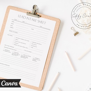 May include: A printable lead intake sheet for real estate agents. The sheet includes sections for buyer or seller information, property of interest, lead source, time frame for buying/selling, and additional information.