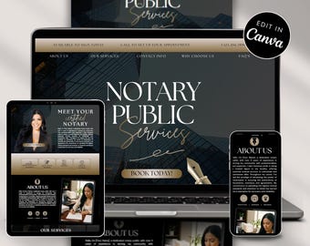 May include: A digital template for a Notary Public website displayed on a laptop, tablet, and smartphone. The design features a dark color scheme with gold accents, serif typography, and a fountain pen graphic. Text includes Notary Public Services.