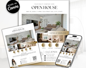 Realtor Open House Flyer Set | Real Estate Marketing Brochure | Editable Canva Template | Print or Share Digitally