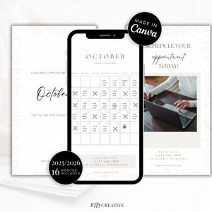 Puede incluir: Un calendario digital que se muestra en la pantalla de un teléfono inteligente, que muestra el mes de octubre con espacios de citas marcados. La imagen incluye el texto "Citas disponibles" y "¡Programe su cita hoy!" con un logotipo de "Made in Canva".