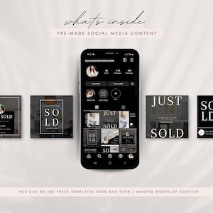 Pu&ograve; includere: Un set di modelli di social media per agenti immobiliari. I modelli presentano uno schema di colori bianco e nero con il testo "Just Sold" e "Sold".