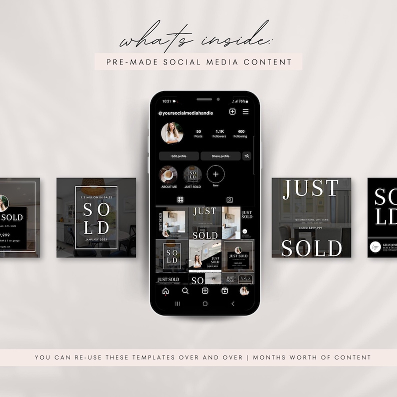 Pu&ograve; includere: Un set di modelli di social media per agenti immobiliari. I modelli presentano uno schema di colori bianco e nero con il testo "Just Sold" e "Sold".