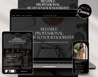 Könnte beinhalten: Eine digitale Website-Vorlage für ein mobiles Notargeschäft, angezeigt auf einem Laptop, Tablet und Smartphone. Das Design zeigt einen schwarzen Hintergrund mit weißem Text: RELIABLE. PROFESSIONAL. RIGHT TO YOUR DOORSTEP.