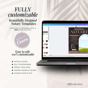 Op de afbeelding: Een laptopscherm dat een aanpasbare notaristemplate in Canva weergeeft. De template heeft een bruin en groen ontwerp met een wolk en een boog. De tekst "YOUR NOTARY.CO NOTARY" staat bovenaan de template. De tekst "Contact us Today" staat in een cirkel onderaan de template.