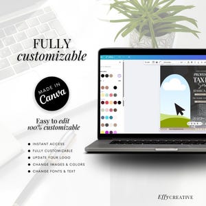 May include: A laptop displays a design interface with a color palette. Text on the screen reads "PROFESSIONAL TAXI SERVICE". The image includes the text "FULLY customizable", "MADE IN Canva", and "Easy to edit 100% customizable".