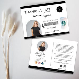 Bearbeitbar Danke, eine Latte-Kundenwertschätzungskartenvorlage für Notare, Kreditunterzeichnungsagenten, anpassbare Canva-Vorlage für das Notargeschäft