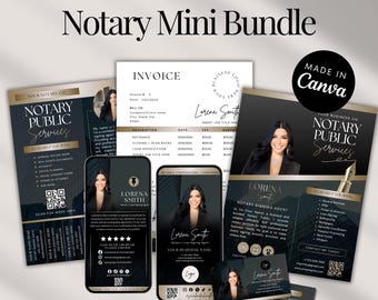 May include: A professional notary mini bundle template set featuring black and gold design elements. Includes flyers, business cards, an invoice, and social media graphics with placeholders for photos, contact details, and QR codes. Text includes Professional Notary Mini Bundle, Made in Canva, Notary Public Services, and Lorena Smith.