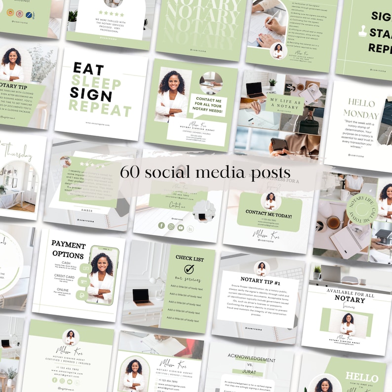 May include: A collection of 60 social media posts for a notary public business. The posts feature a variety of images, including a woman in a white shirt, a laptop, a cup of coffee, and a check list. The posts also include text such as "Notary Tip #1", "Contact Me Today!" and "Available for All Notary Services".